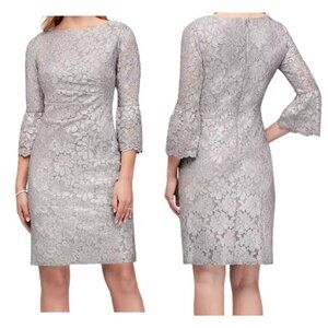 Jessica Howard Dress Womens Size 6 Floral Lace Bell Sleeve Sheath Silver NEW